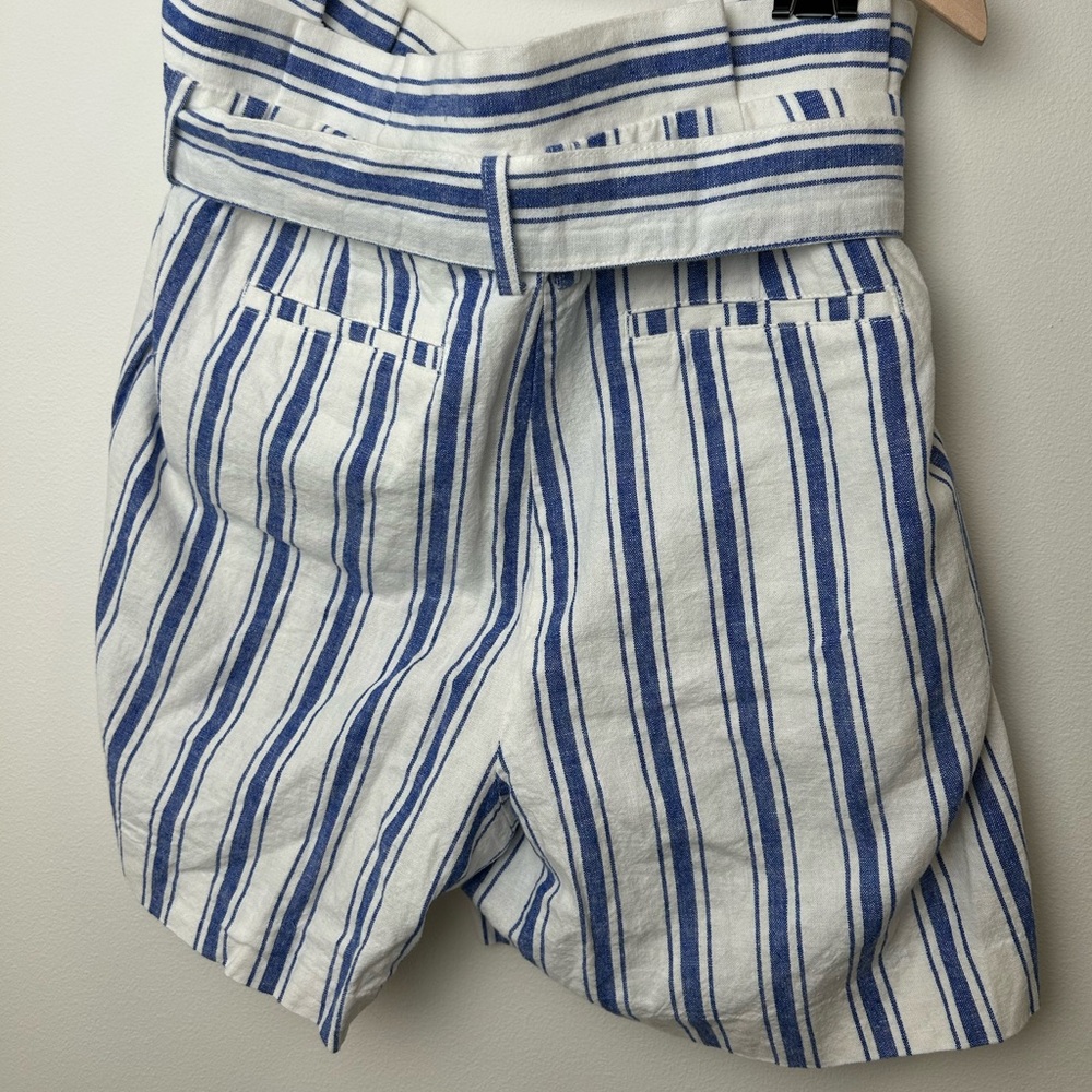 Boden Linen Blend Striped Tie Waist Paperbag Shorts Blue White Size 10 Medium - Picture 2 of 5
